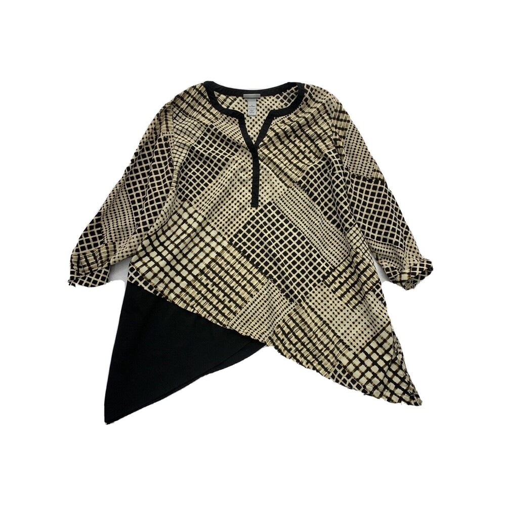 Catherines Blouse Size 2X Creme Brown & Black Roll Tab Sleeve Hankercheif Sides